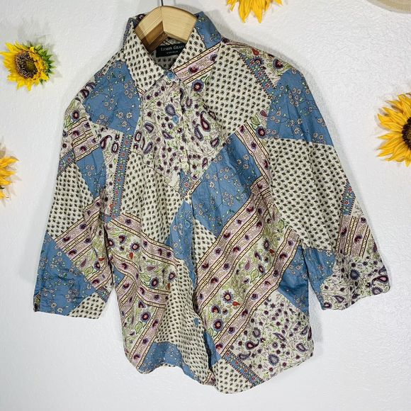 Lemon Grass Floral Paisley 3/4 Sleeved Button Up Cotton Blouse Size Medium Women - Picture 5 of 7